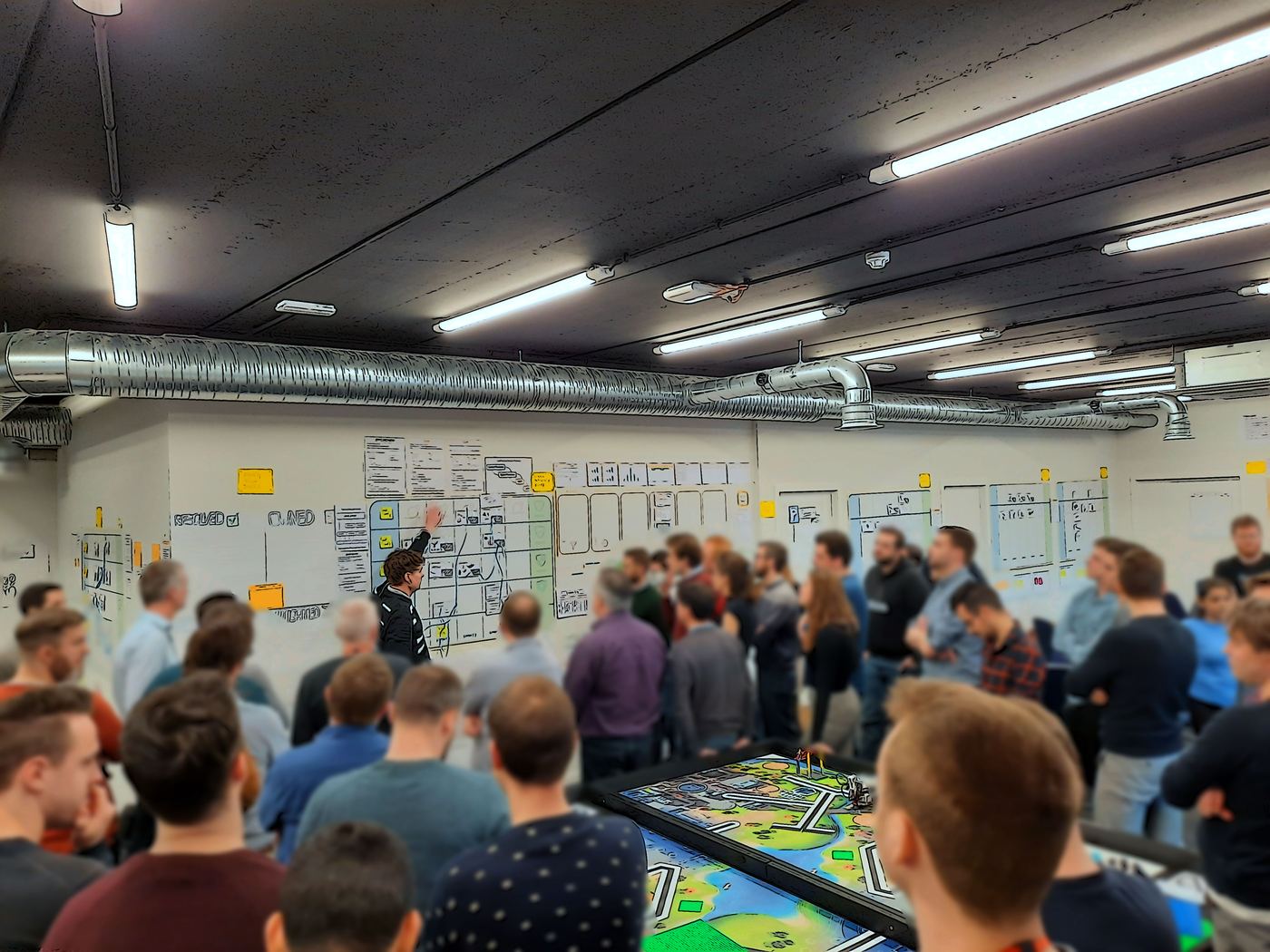 A large group standing in front of a wall of planning boards next to the LEAT table